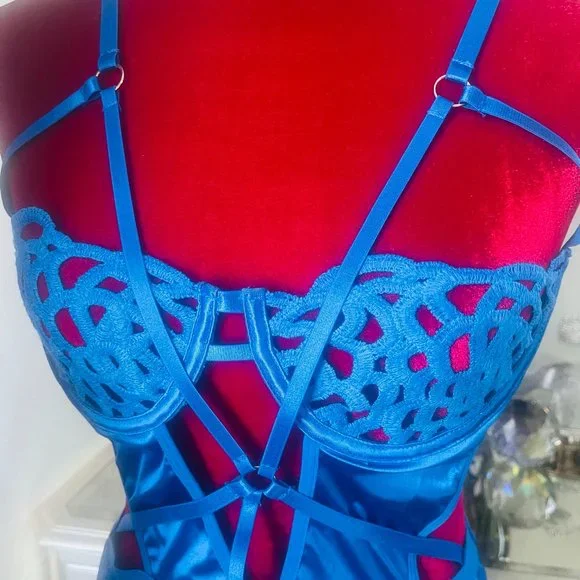 XS-S Royal Blue One Piece Hollow Out Negligee - Picture 4 of 5